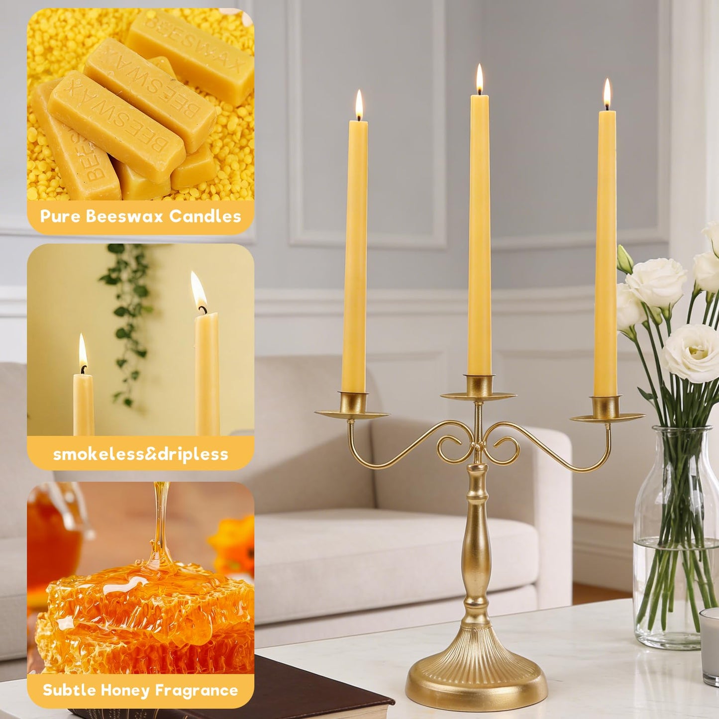 12 Inch Beeswax Taper Candles, 12 Pack Natural Beeswax Candlesticks 12 Hour Extra-Long Burning Time Tapered Beeswax Candle Sticks Smokeless Unscented Emergency Candles Bees Wax Candle for Home Prayer