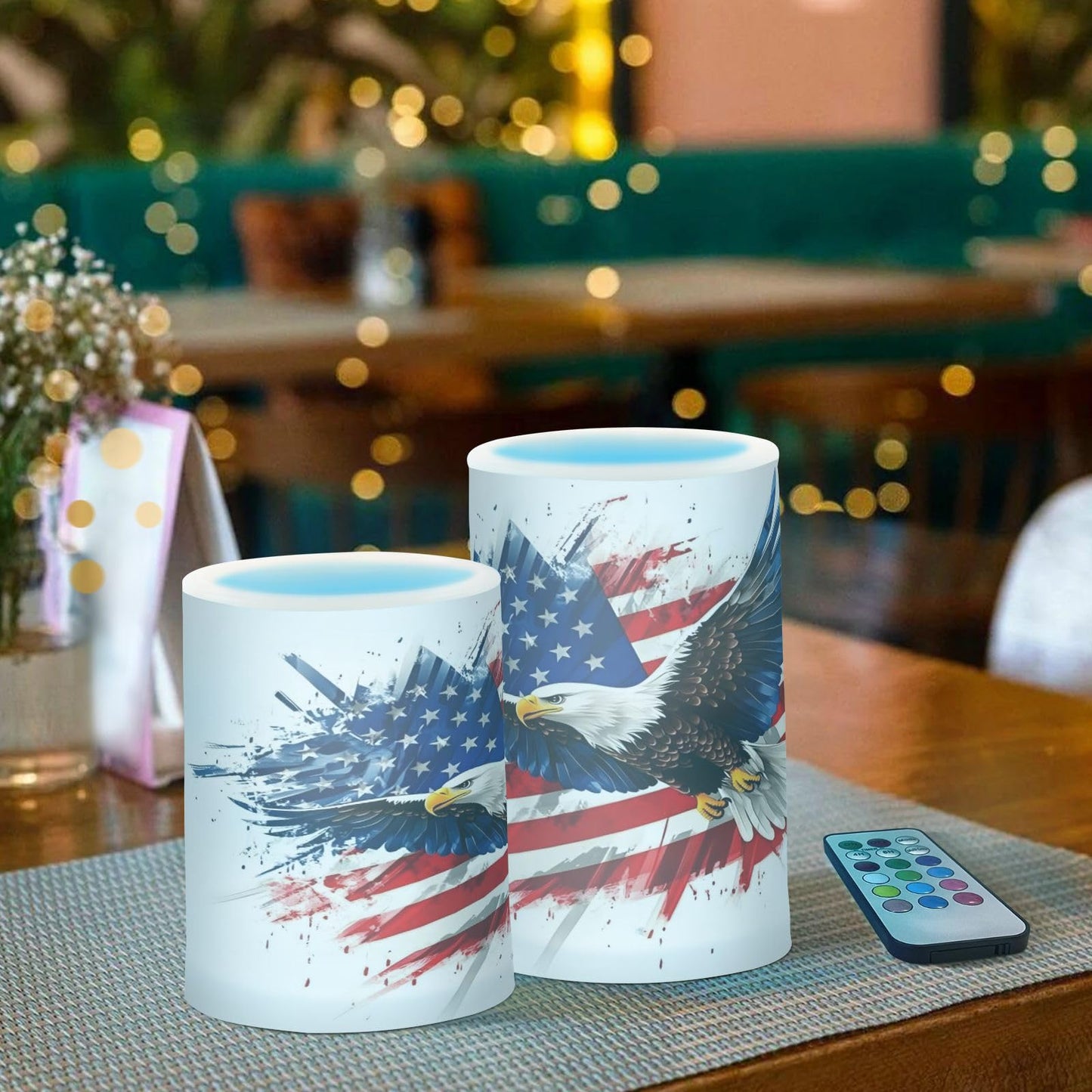 ALAZA Hawk Flying and Patriotic American Flag Flickering Flameless Candles Battery Operated with Remote Timer,Tea Light Candles LED Pillar Votive Candles Set of 2 for Outdoor Indoor Decorations