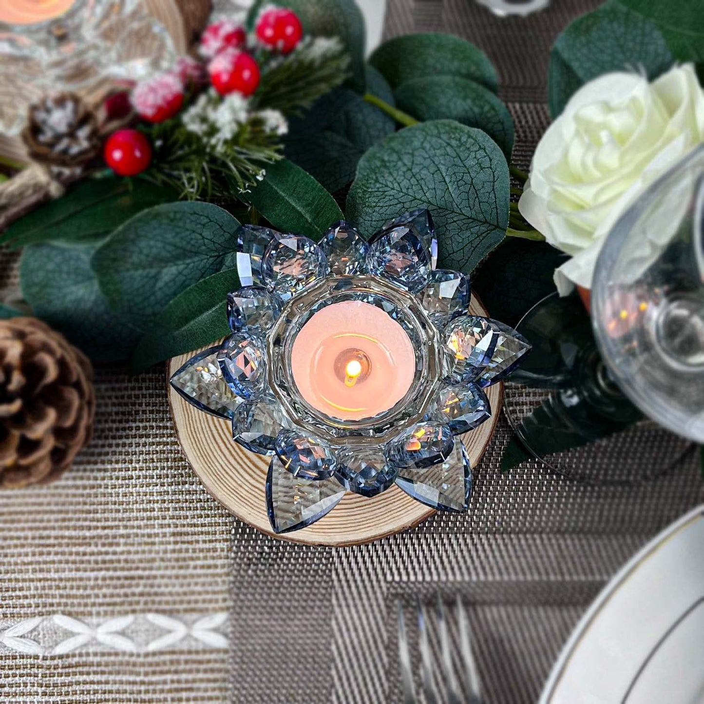 Kolnlala Crystal Lotus Flower Tealight Candle Holders/Glass Tea Light Candlestick Decor Decoration for Christmas Home Wedding Party… (Blue 1pc)
