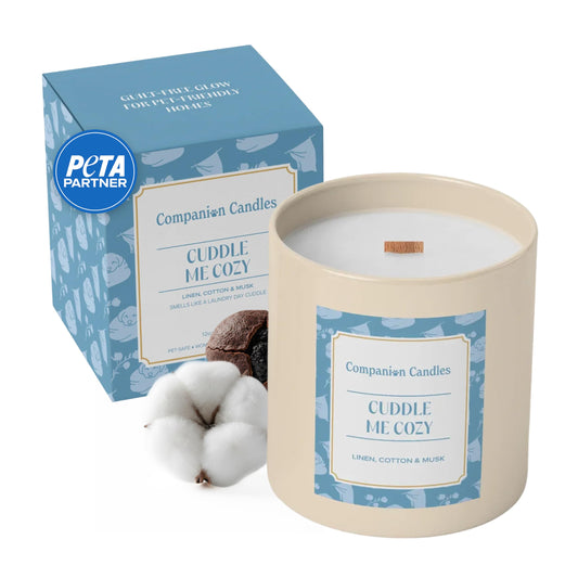 Companion Candles Cuddle Me Cozy Pet-Friendly Scented Candle – Linen, Cotton & Musk Fragrance - Coconut Soy Wax Candle with Wooden Wick, Approx. 50-Hour Burn Time, Made in USA, 11.8 oz