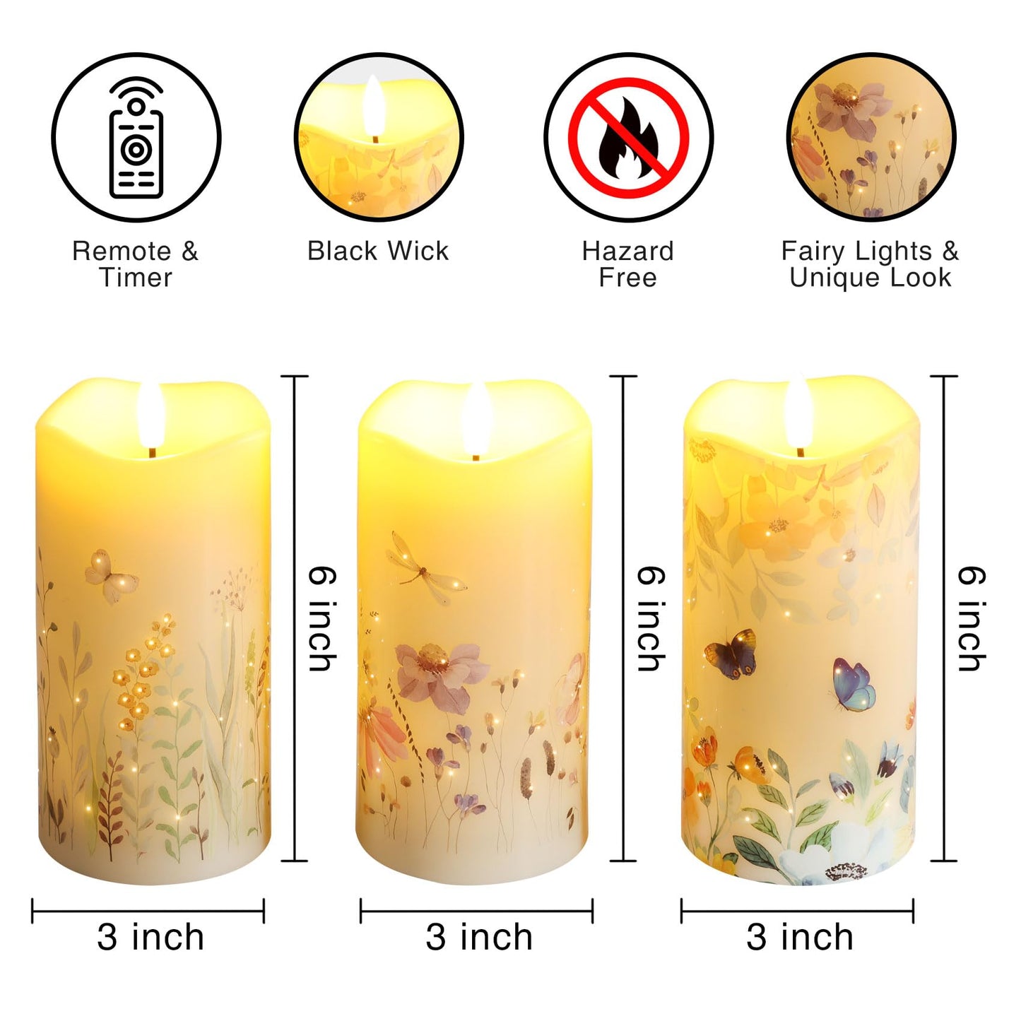 Eywamage Fiber Optic Flameless Pillar Candles with Remote Set of 3, Butterfly Floral Spring LED Candles Battery Operated Gift Φ 3" H 6"