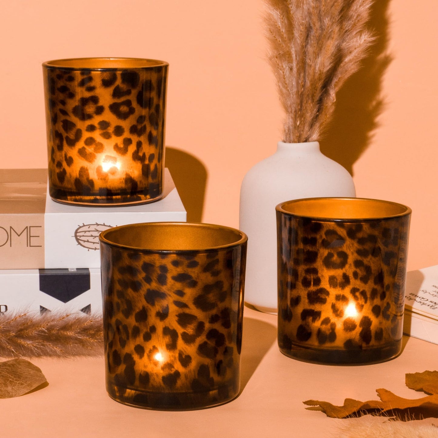 Toptime Votive Candle Holders, Leopard Print Tealight Candle Holder Set of 3, Unique Glass Candle Holder Cup Cheetah Tealight Holder for Christmas Table Centerpieces Valentines Day Decoration