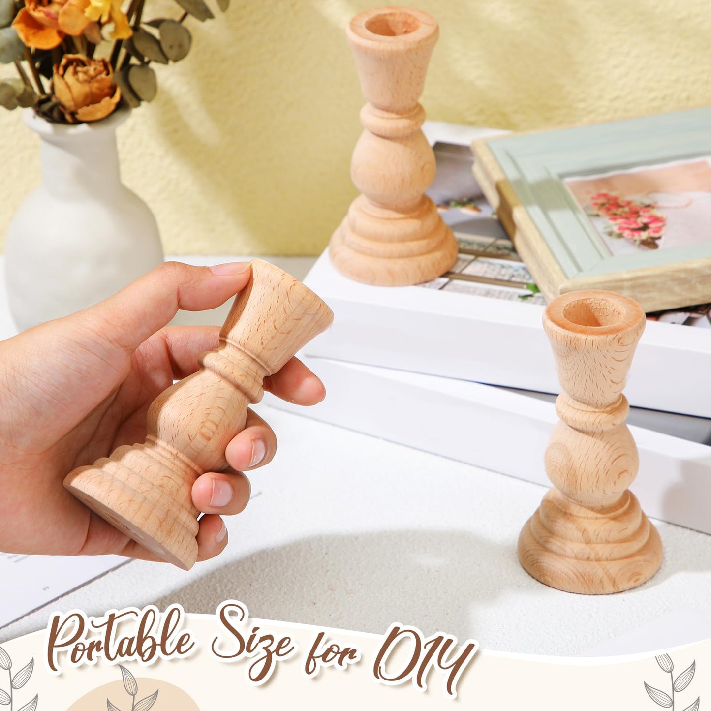 Nitial 12 Pcs Wood Candlestick Holders Unfinished Classic Wooden Candle Holders Small Unfinished Candlestick for Crafts DIY Xmas Christmas Gift Decoration (4 Inch)