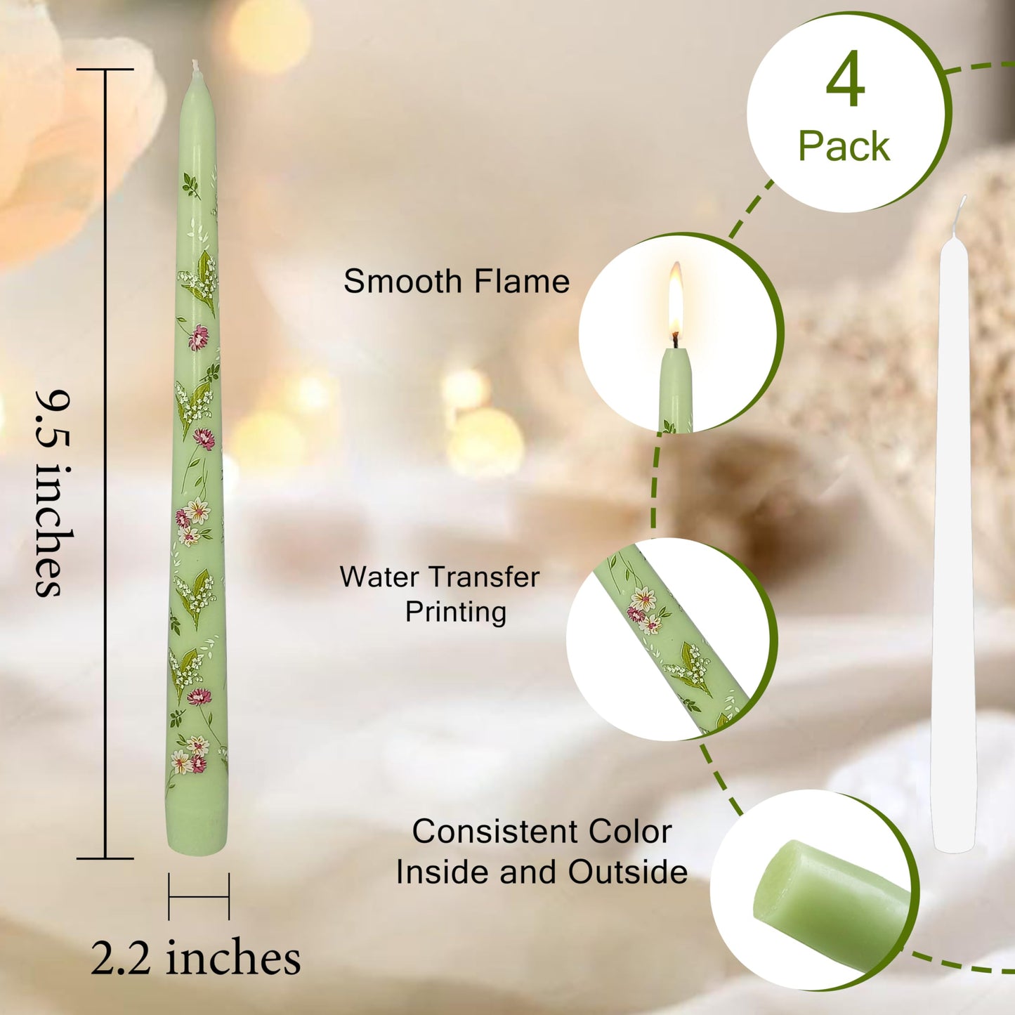 Scandinavian Tall Candle 10 in Green Printed Taper Candles Hand Printing Candlesticks Unscented Smokeless Tapered Candle Sticks for Home Decor Rustic Wedding Simple Modern, 4 Pack