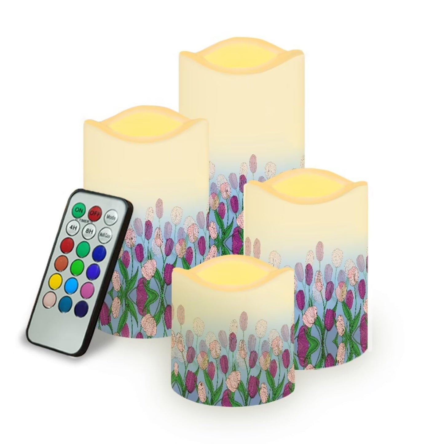 Ystardream Purple Tulips Flameless Candles with Timer Led Candles Flickering 4 Candle Sets for Home Decor,18 Key Remote Control，Dancing Flame, True Wax, Battery Power