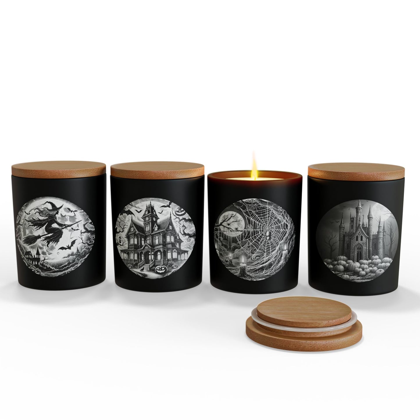 NATIKON 9oz Black Glass Candle Jars with Airtight Lids - Pack of 4 with Haunted House, Castle & Witch Designs for Candle Making & Storage (4)