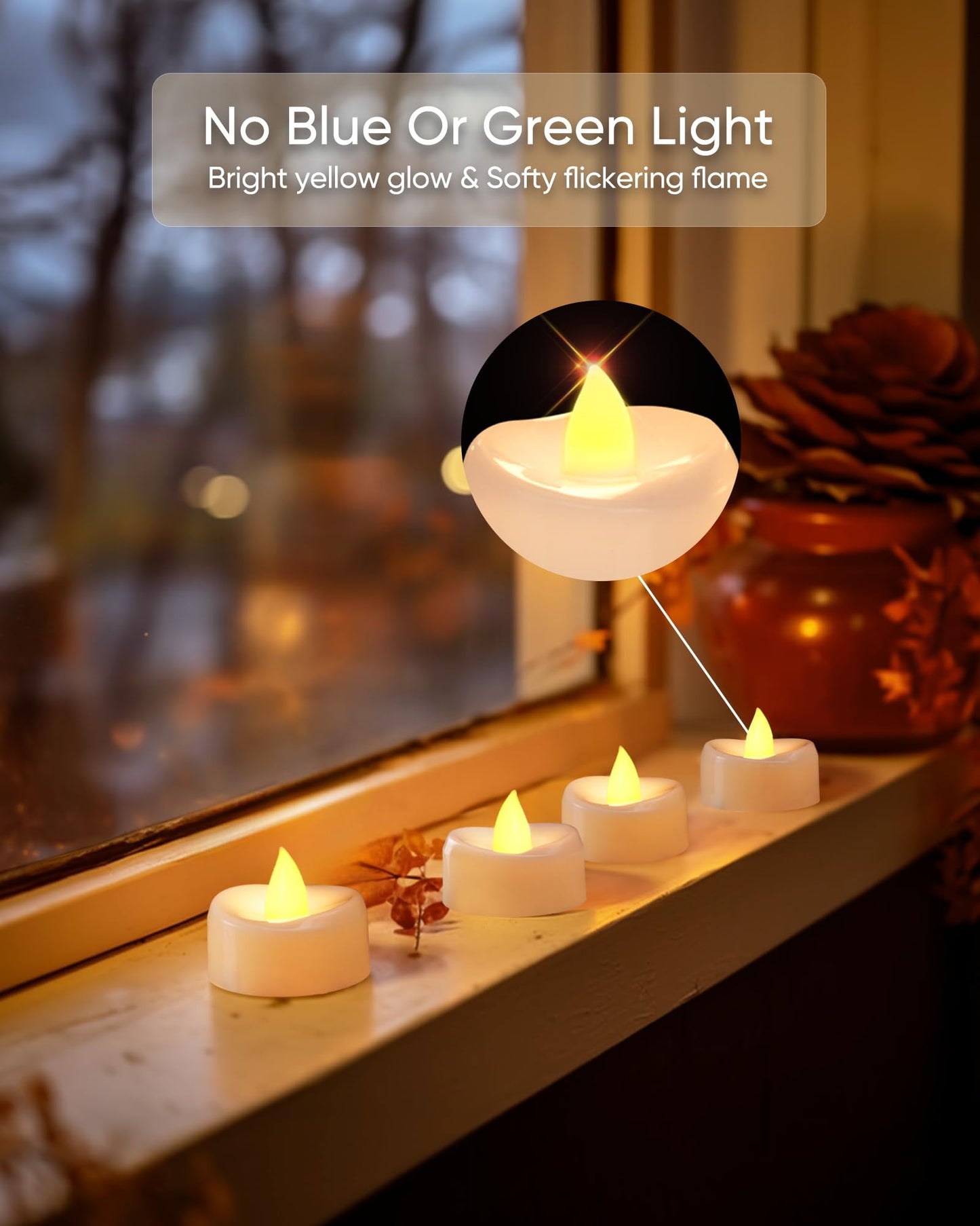 Merrynights LED Tea Lights, 24-Pack Battery Operated, Long-Lasting 200 Hour Flameless Candles, Flickering for Halloween & Fall, Warm Yellow, 1.5'' D x 1.25'' H