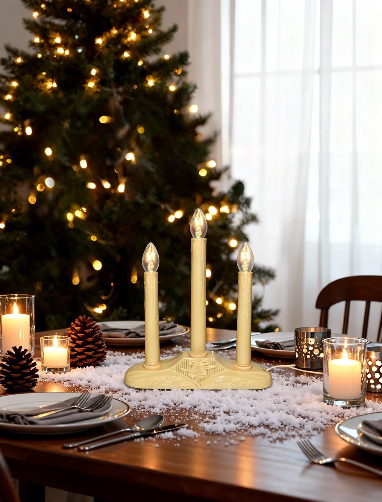 Pallerina 3 Light Christmas Window Candles, Electric Window Candles with 4 C7 Light Bulbs, Plug in Electric Candle for Christmas Party Home Decorating Restaurant Table Décor, Ivory -1 Pack