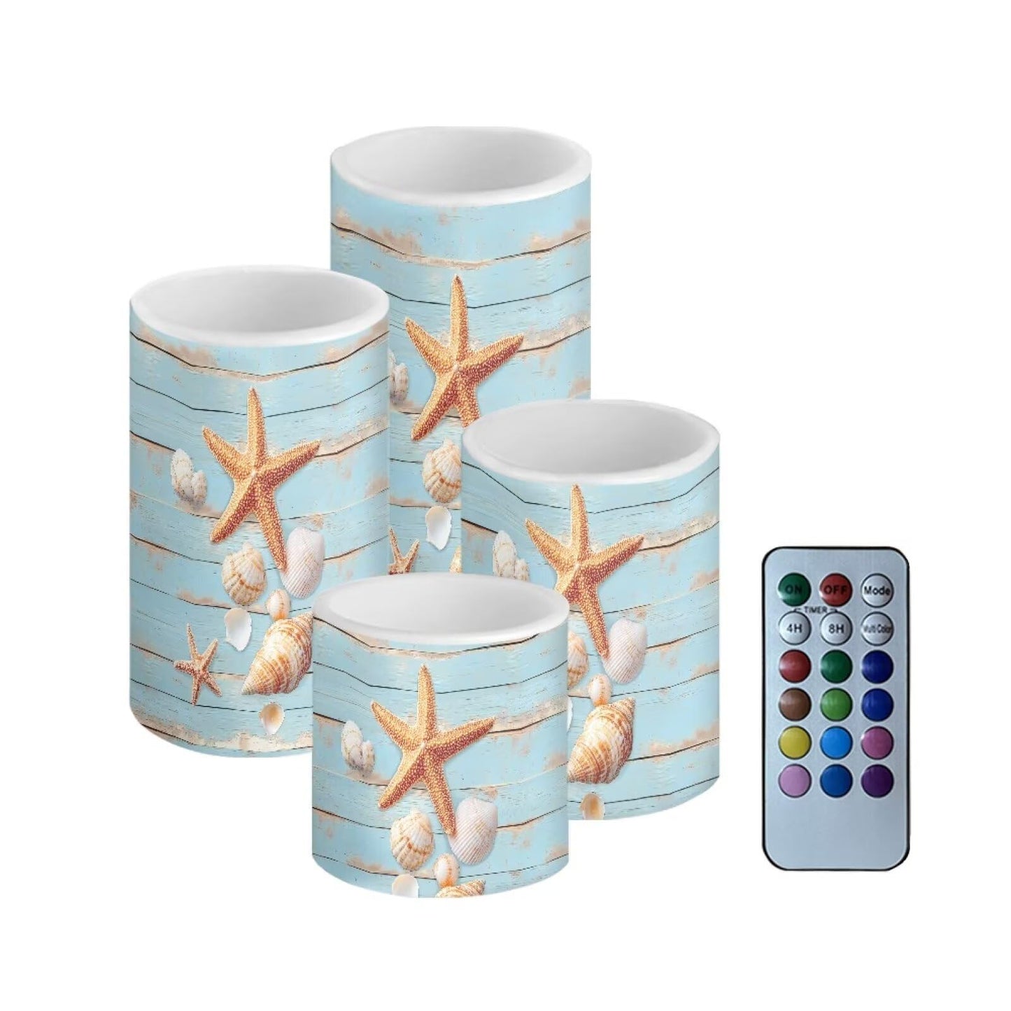 Merkmak Pack of 4 Flameless Candles with Remote Battery Operated Candles with Timer Waterproof Flameless Pillar Tea Lights for Indoor Outdoor Beach Wedding Coastal Home Decor, Starfish and Shell