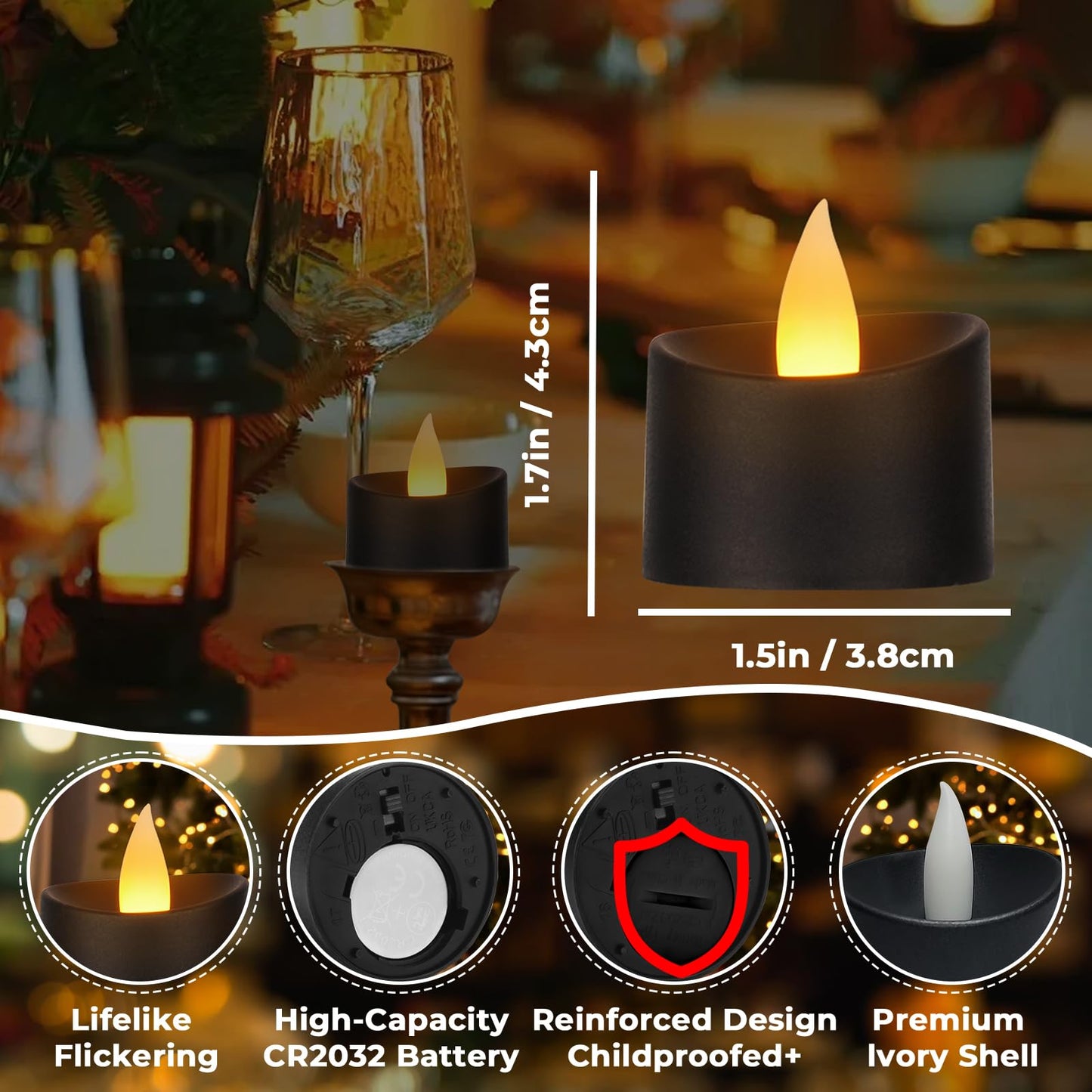 Haown Black Ambience Kit - 24 Pack Premium LED Tea Lights for Modern Home Decor, Memorial Services & Dark Themed Parties (Black Base, 24 Pack)