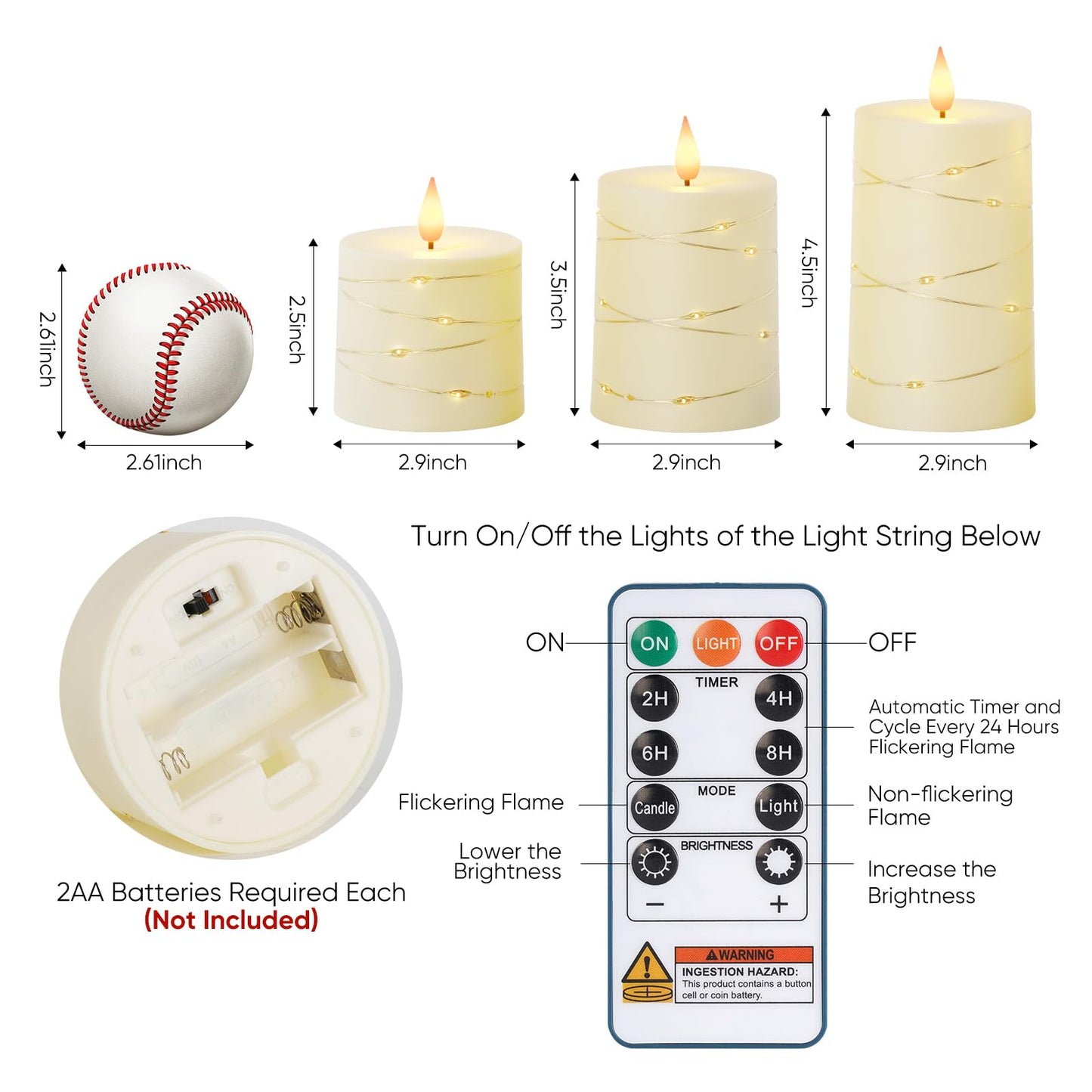 Raycare Flameless Candles with Remote Timer, Flickering Battery Operated LED Pillar Fake Candle with String Lights for Home Decor, Christmas, Wedding and Gift, Ivory, Set of 3