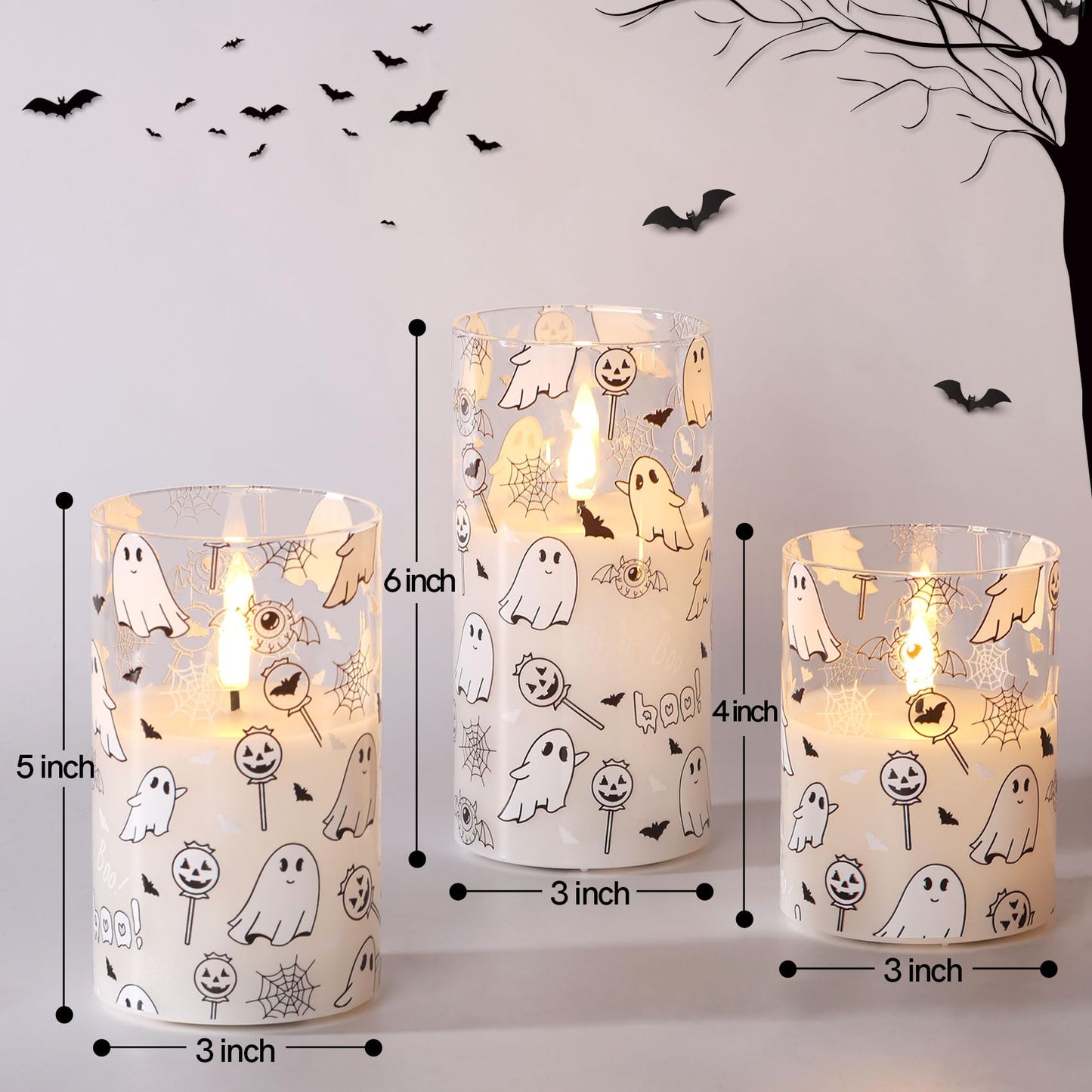 Girimax Glass Flameless Pillar Candles with Remote, Halloween Flickering LED Wax Candles Battery Powered Set of 3