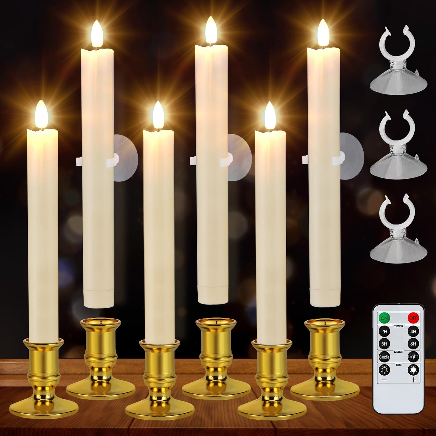 PAMASE 2-in-1 LED Christmas Window Candles - Battery Operated Christmas Candles with Timer/Removable Candlesticks/Suction Cups, Flameless Candle Lights for Xmas Holiday Decorations (6 Pack)