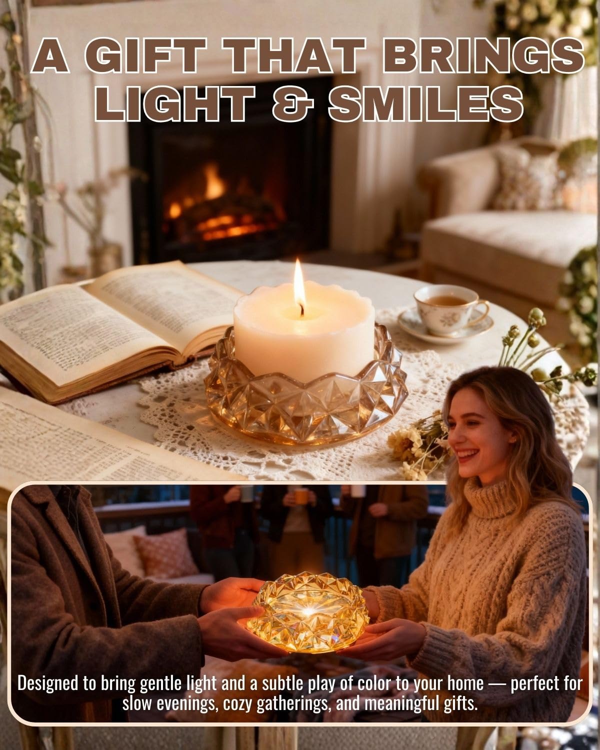 Loyipu Geometric Glass Candle Holder for 3-Wick Candles – 6in Large Crystal Candle Tray for Large Jar Candles, Scented Candles & Diffusers(Honey Amber)