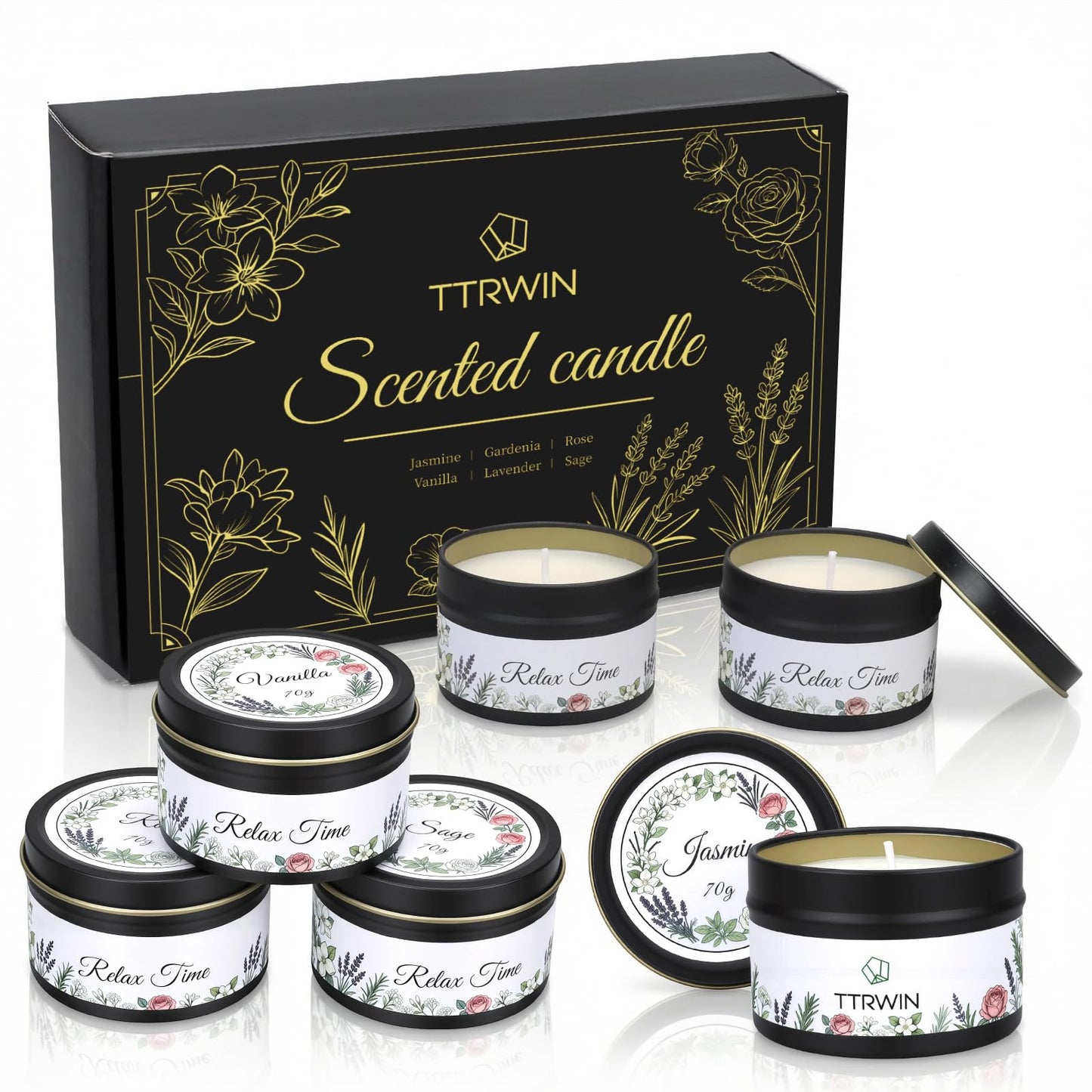 TTRWIN Relaxing Scented Candles Gift Set - 6 Natural Soy Wax Candles for Cosy Home, Aromatherapy Soy Candles in Jars, Stress Relief and Gifts, Christmas, Birthday, Spa Scents for Women, Men