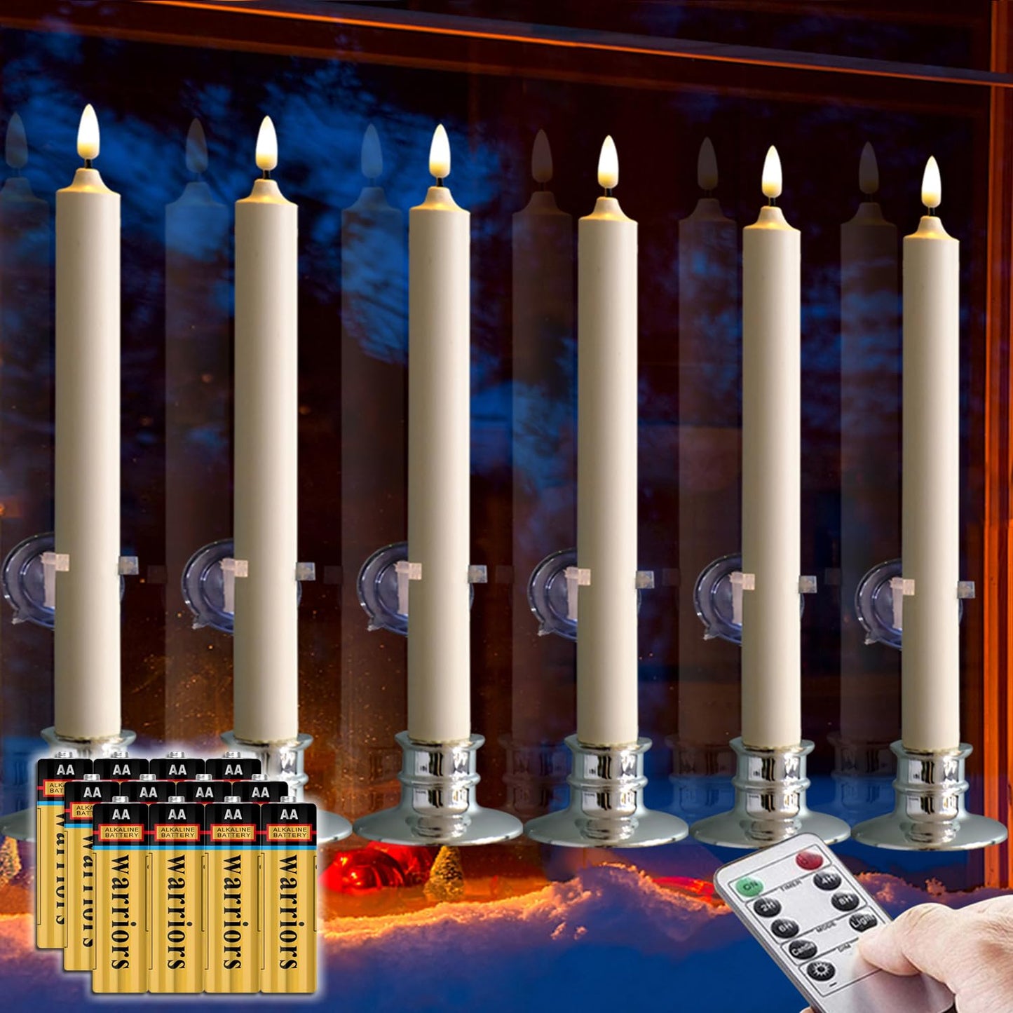 6 Pack LED Windows Candles with 12 AA Batteries(Include,Run More Than 400 Hours) + 6 Silver Removable Candlesticks + 6 Suction Cup,10'' Ivory Flameless Battery Taper Window Candle Light with Remote