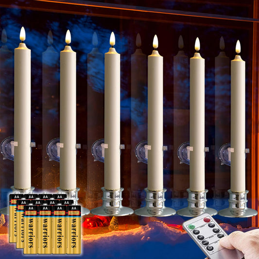 6 Pack LED Windows Candles with 12 AA Batteries(Include,Run More Than 400 Hours) + 6 Silver Removable Candlesticks + 6 Suction Cup,10'' Ivory Flameless Battery Taper Window Candle Light with Remote