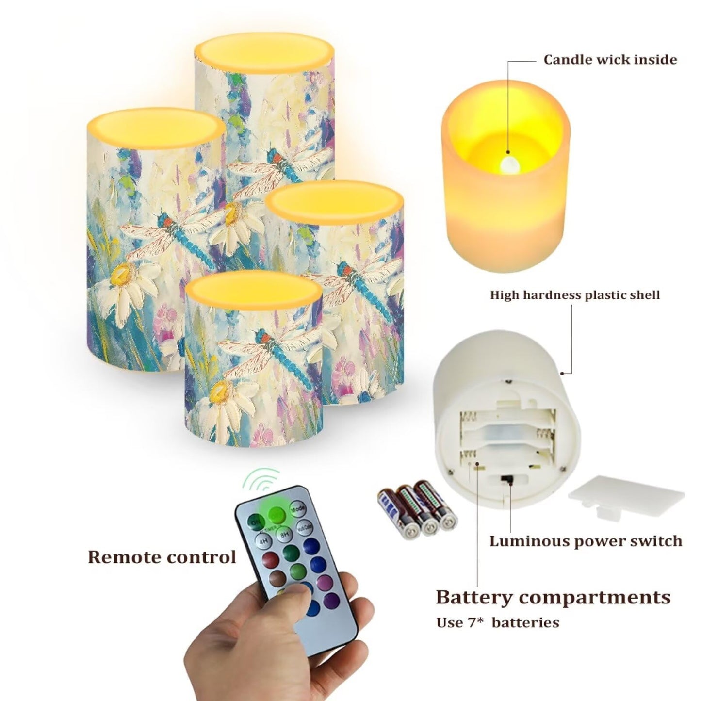 Cozeyat Dragonfly Garden Flameless Candles 4 Pack Battery Operated LED Pillar Candles with Remote Control Timer Color Changing for Home Wedding Garden
