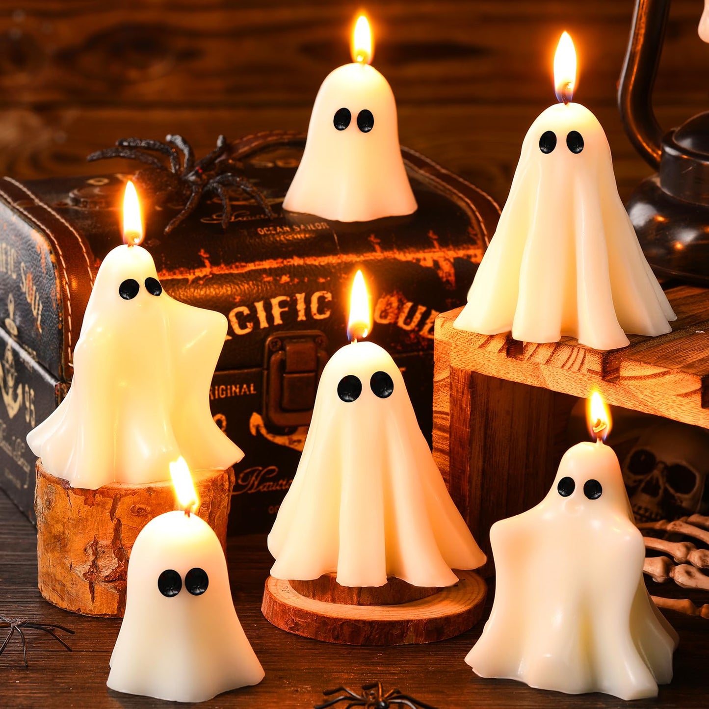 Conelist 6 Pieces Halloween Large Ghost Candles White Spooky Scented Halloween Candles Horror Gifts Candle Tea Lights Goth Room Decor for Summer Dining Table Party Bedroom(Classic Style,White)