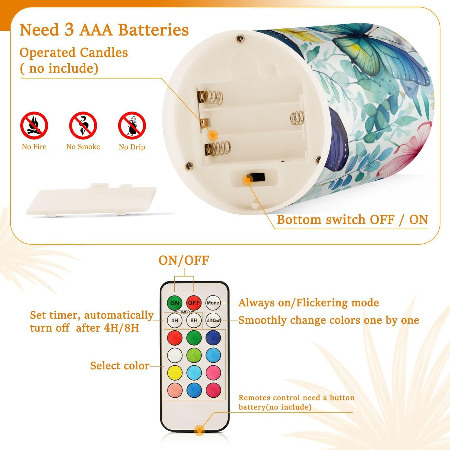 Lights Flameless Candles Butterfly Floral Pillar Candles Set of 2 Battery Operated Remote Control Warm Lights Home Decor