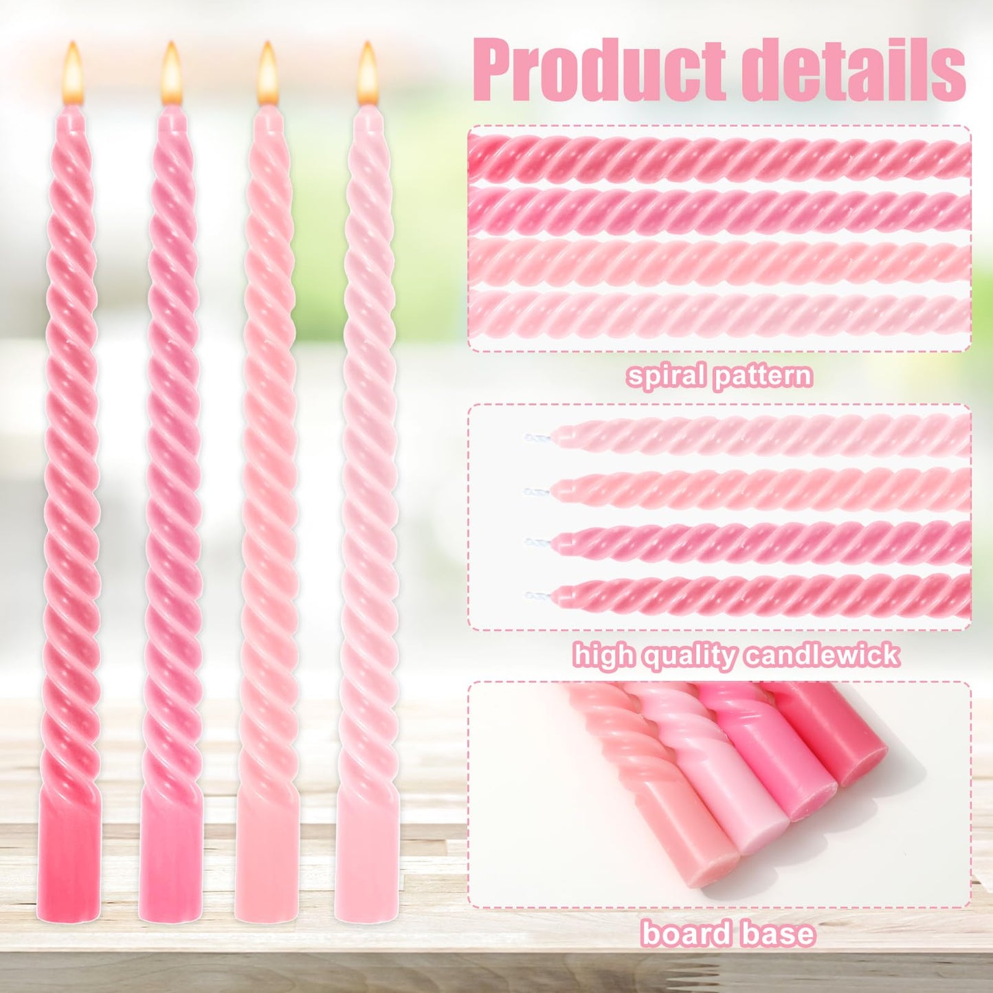 Whaline 8 Pcs 10 Inch Gradient Pink Spiral Taper Candles Dripless Twisted Wax Candles Long Unscented Candle Sticks for Valentine's Day Wedding Party Home Dining Table Decor