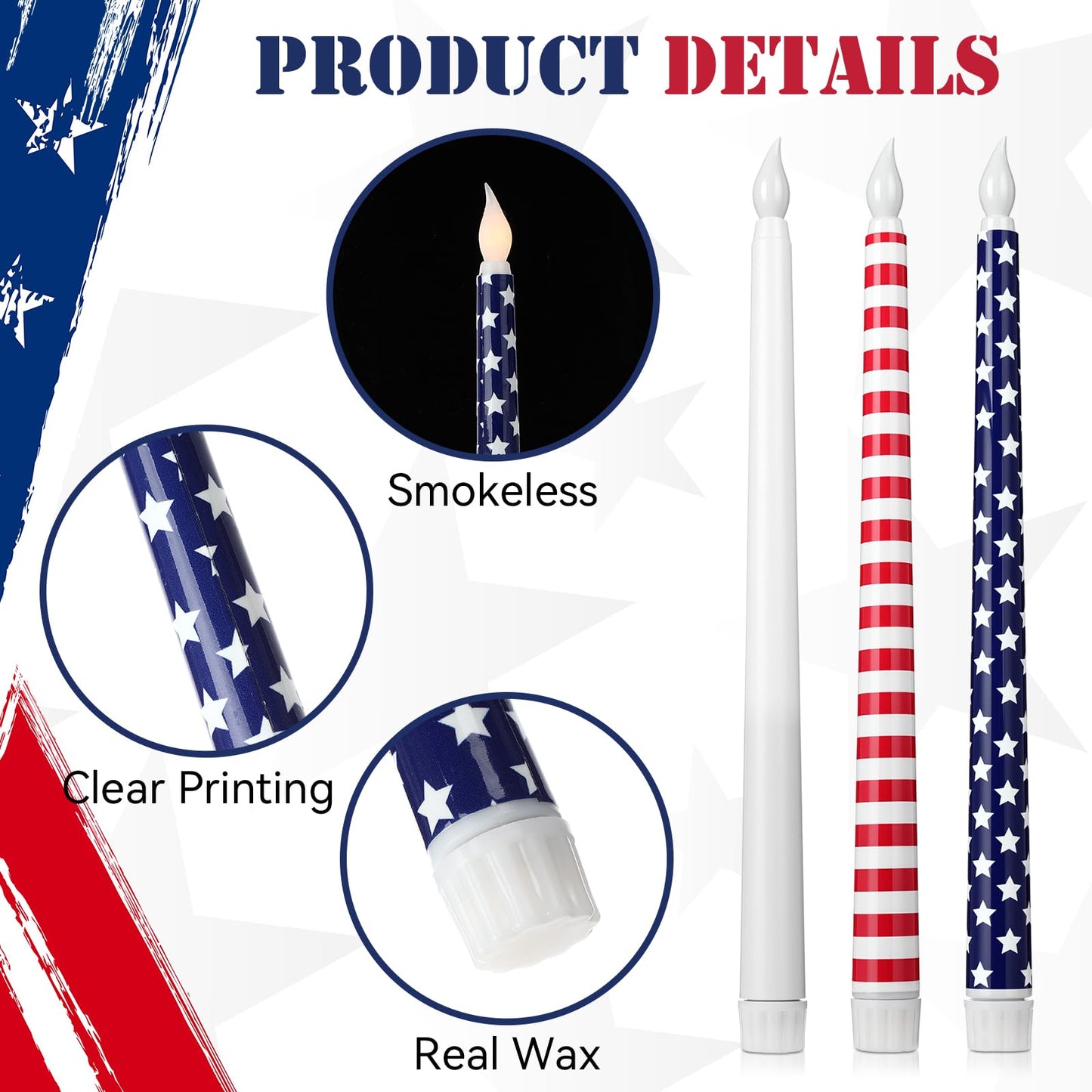 Kittmip 6 Pcs 4th of July Patriotic Flameless Taper Candles 11'' Red White Blue Battery Operated LED American Flag Stars Candles Real Wax Table Centerpiece for Independence Day Party Decor