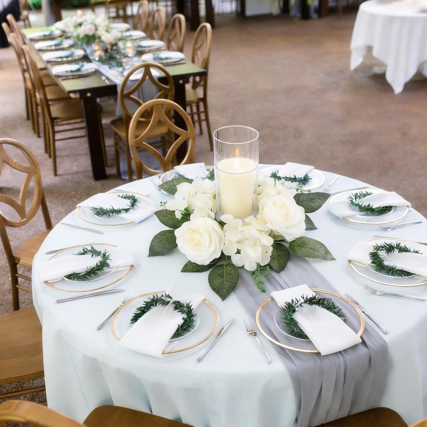 UUXX 4PCS Candle Rings, Floral Candle Wreath Rings, Silk Roses Hydrangea Flowers Candle Wreaths Rings for Table Centerpieces Wedding Valentine's Day Party Decor (Cream White)