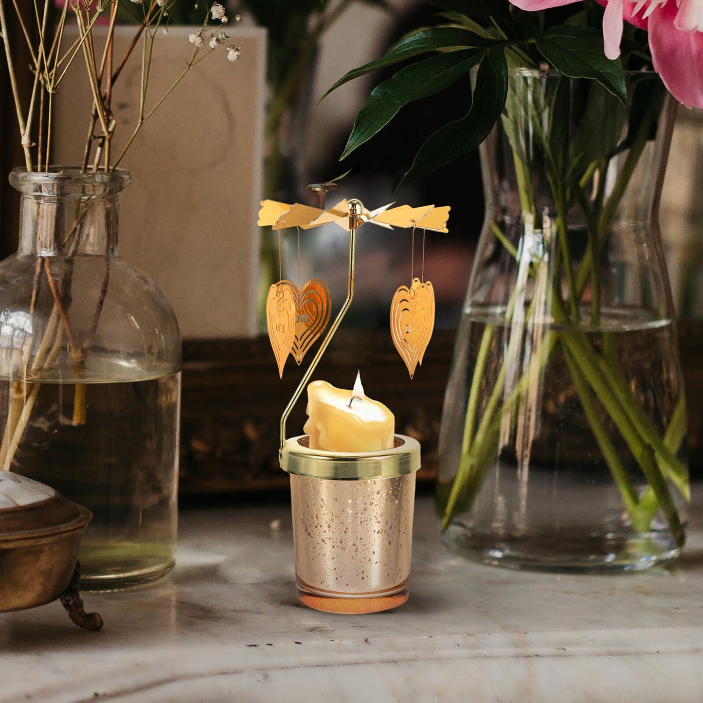 Ipetboom Rotating Candleholder Cup Romantic Candlestick Decor for Restaurant and Home Table Centerpiece, Spinning Candle Stand Without Candle, Heart-Shaped Design for Valentine’s Day