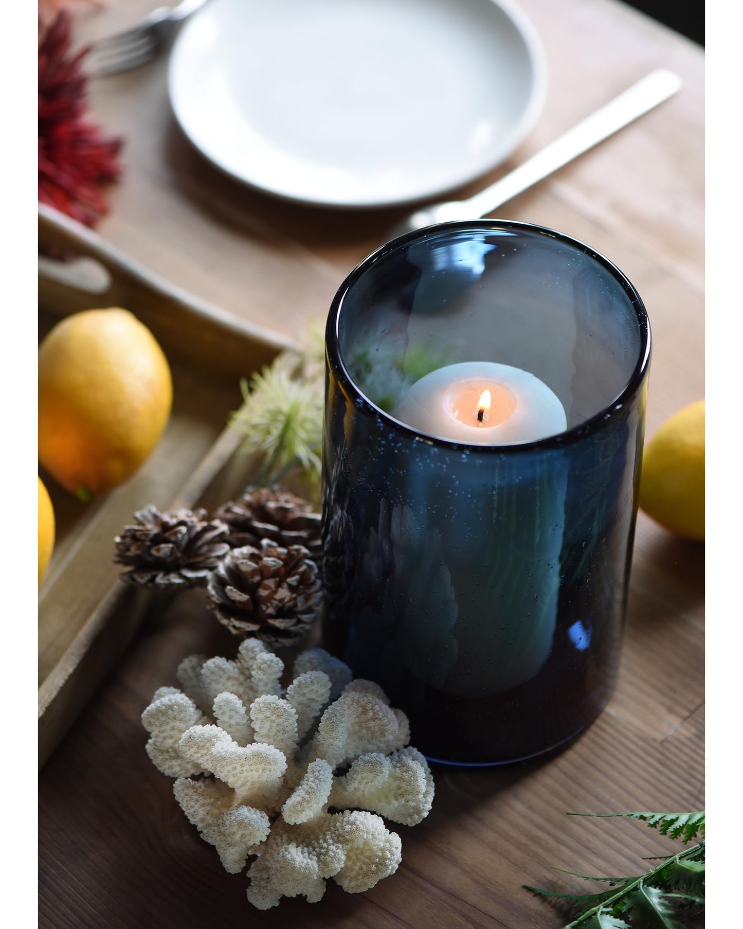 ARIAMOTION Glass Hurricane Candle Holder for Pillar Blue Cylinder Vase Flower Centerpiece Seeded Bubbles Modern Table Decoration for Kitchen Living Room 8 Inch 5 inch Diam