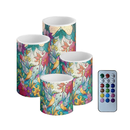 Cozeyat Vintage Floral Hummingbird Flameless Candles 4 Pack Battery Operated LED Pillar Candles with Remote Control Timer Color Changing for Home Wedding Beach