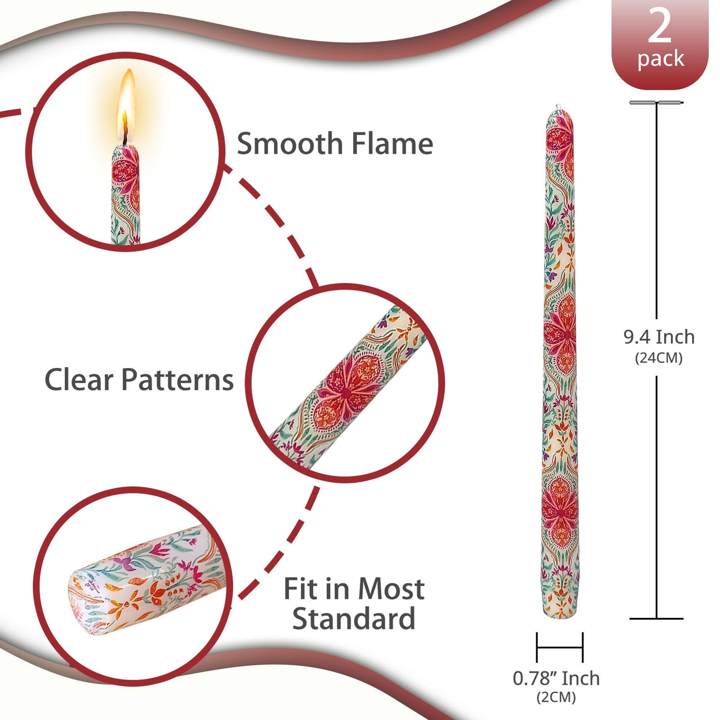 NJAO HOO Floral Candlesticks 10 in Straight Taper Candles Bohemian Hand Printed Candlesticks Tall Tapered Candle for Nordic Home Decor Simple Modern, 2Pcs