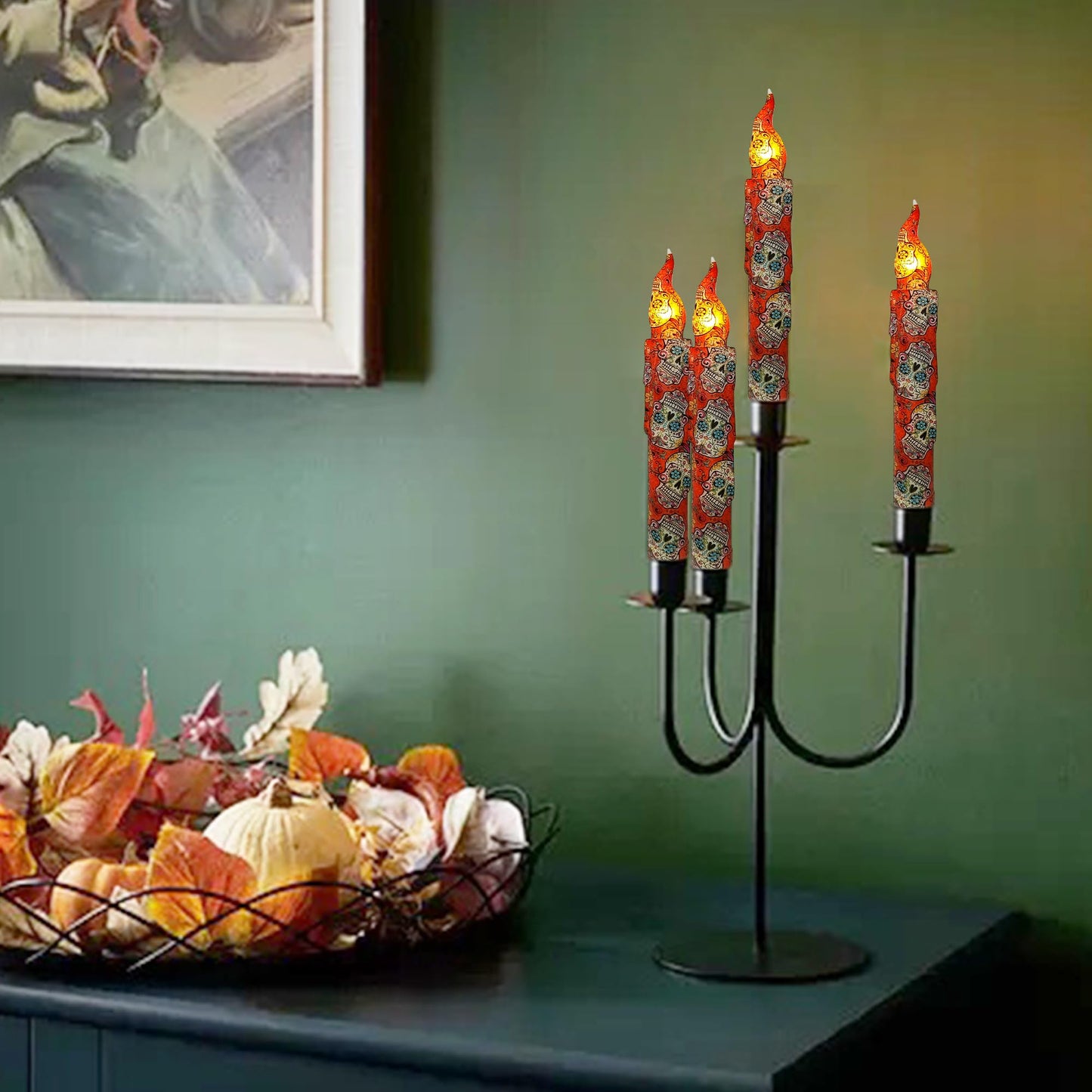 FCMSHAMD Day of The Dead Style Skull Flameless Short Taper Candles, Drip LED Battery Operated with Remote, Flickering Flame Lights for Home Décor, 6.7 Inch Primitive Flameless Print Candles, 4PCS
