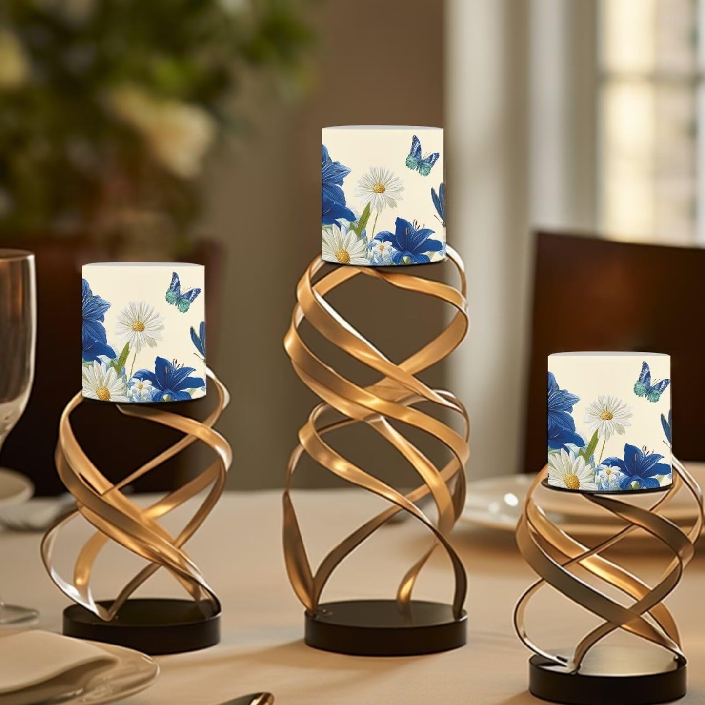 Cozeyat Blue Floral LED Flameless Candles Set of 4 Battery Powered with Remote Timer Flickering Flame Waterproof for Indoor Outdoor Home Decor
