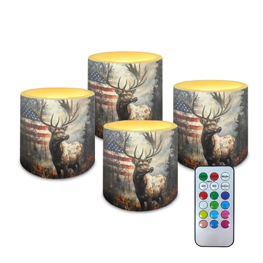 Poceacles LED Flameless Candle Set of 4, Battery Operated Tea Lights with Remote Control, Flickering Effect, Multi-Color Options, for Home Event Holiday Decor, Deer Forest American Flag