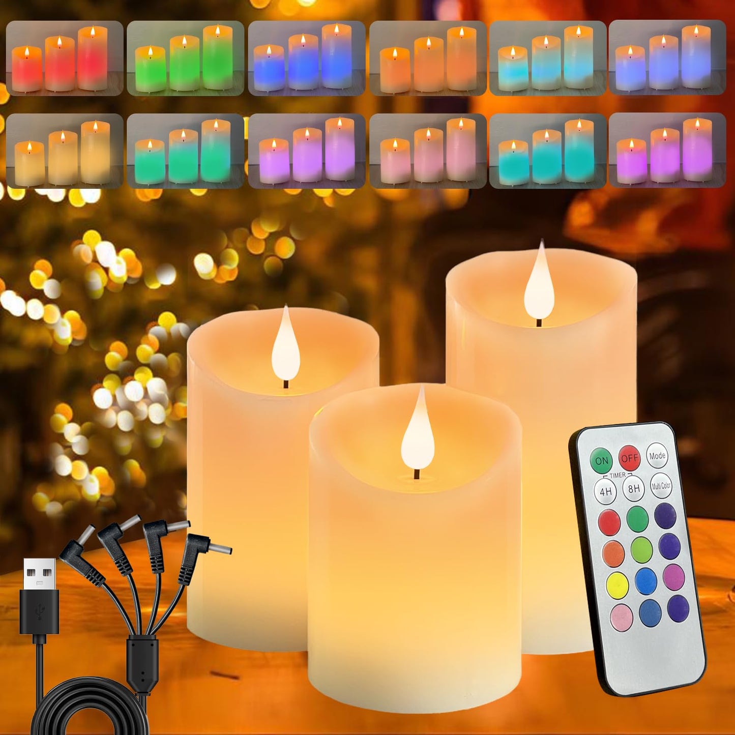 LEDHOLYT Flameless Candle RGB Set, Flickering LED Pillar Real Wax Candle with Remote Control and Timer, Upgraded Blue Flame Heart, Built-in Battery Rechargeable Flameless Candle, 1 Set of 3