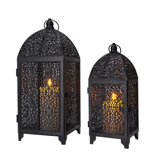 TRIROCKS Set of 2 Vintage Decorative Candle Lantern 12''&16.5'' High Metal Candle Holder Hanging Lantern with Hollow Pattern for Living Room Garden Parties Events Indoors Outdoors(Black)