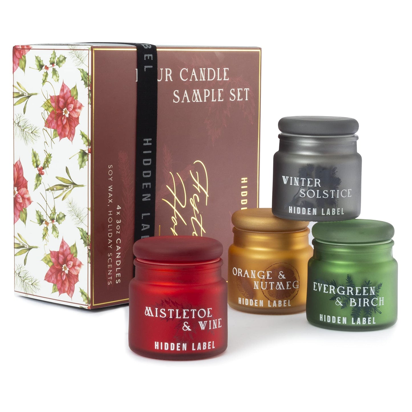 Christmas Candle Set, 4 Pack Holiday Candle Gifts, Natural Candles Non Toxic with Holiday Scents, Xmas Gift for Women, Scents of Christmas Mistletoe Wine,Winter Solstice,Evergreen Birch,Orange Nutmeg
