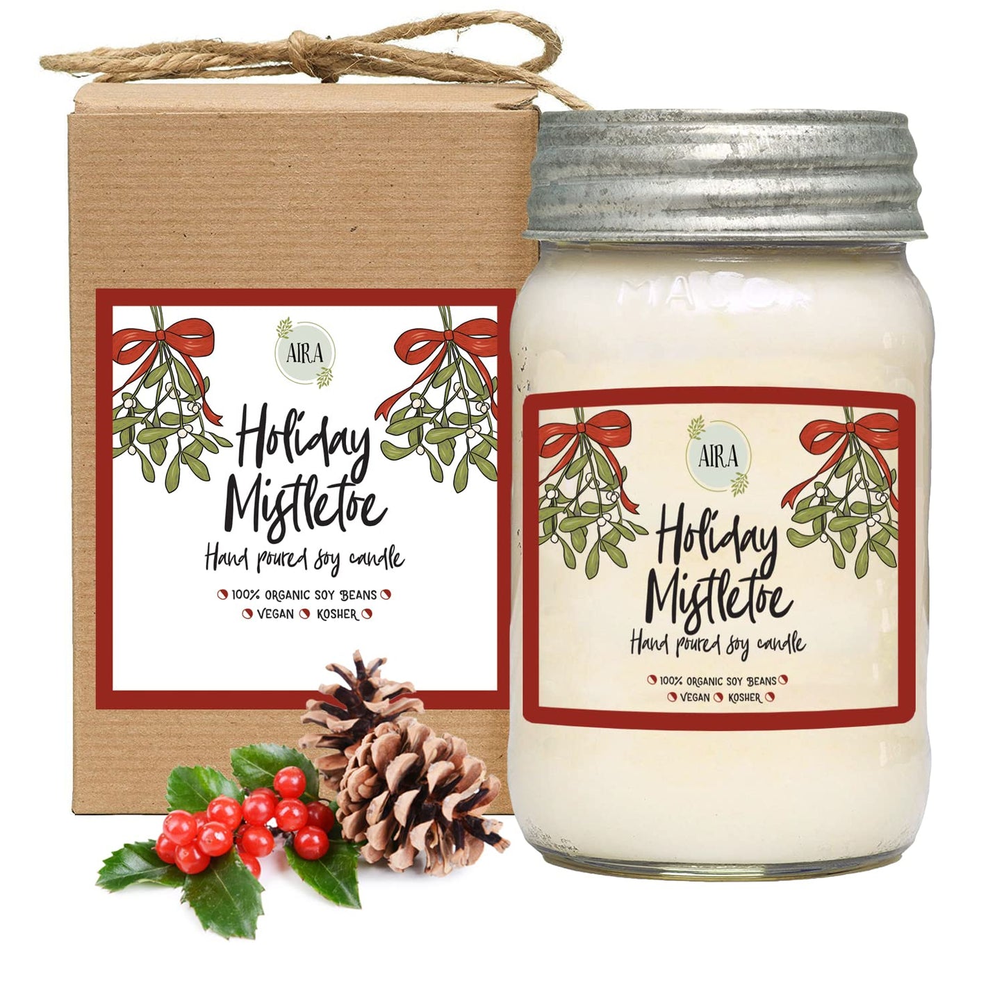 Aira Soy Candles - Organic, Kosher, Vegan, in Mason Jar w/Therapeutic Essential Oils - Hand-Poured 100% Soy Candle Wax - Paraffin Free, Burns 110+ Hours - Holiday Mistletoe Christmas Candle - 16 Oz