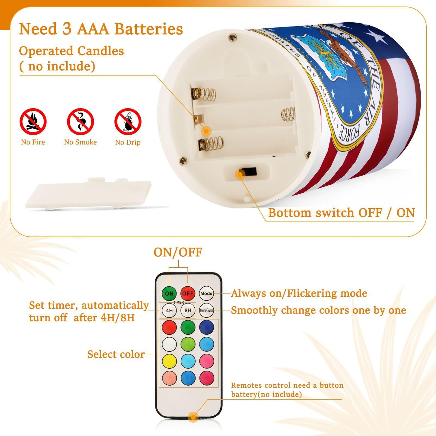 Eionryn American Flag United States Air Force Portrayed Flameless Candles Patriotic Stars and Stripes Battery Operated LED Candles with Remote Timer Electric Candles for Home Party Decor 2pcs