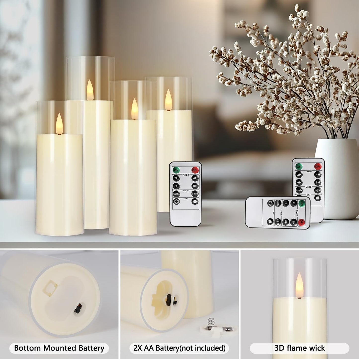 YOROXRG Flickering Flameless Candles Battery Operated with Remote and 2/4/6/8 H Timer Plexiglass LED Pillar Candles with Realistic Moving Wick for Home Decor Pack of 48 (D2.2 xH 5" 6" 7") (Ivory)