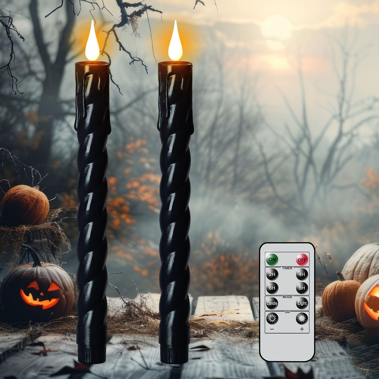 DRomance Flickering Flameless Taper Candles with Remote and Timer, 2 Pack Battery Operated LED Taper Candles 3D Wick Plastic Dripping Effect Dinner Halloween Indoor Decor(Black, 0.78" D x 9.65" H)