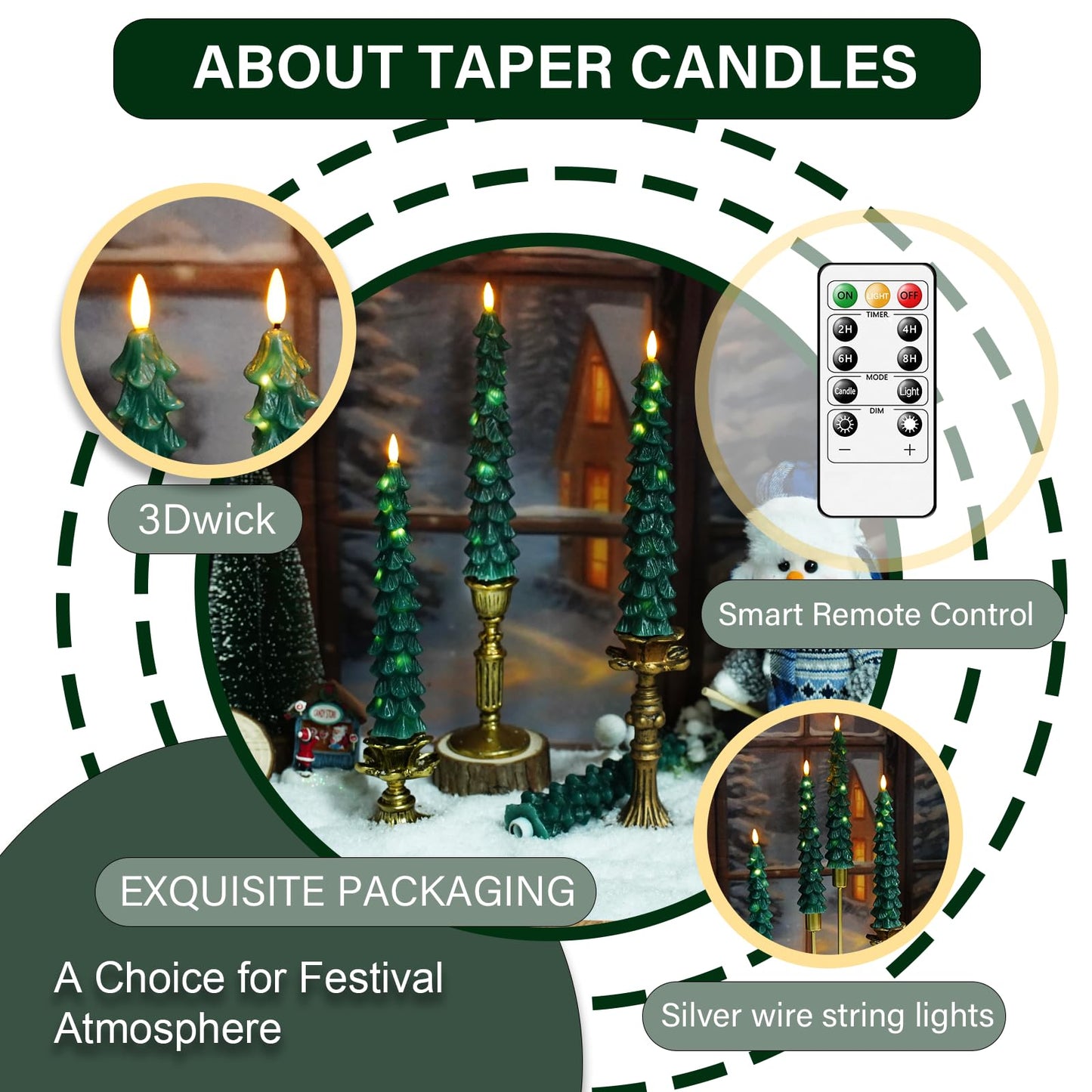 kakoya Christmas Tree Flameless Candles with Remote,4 Pcs Green Real Wax LED Flickering Candles Battery Operate with Embedded Star String for Home Decoration Christmas Gifts(D0.86 xH9.6)