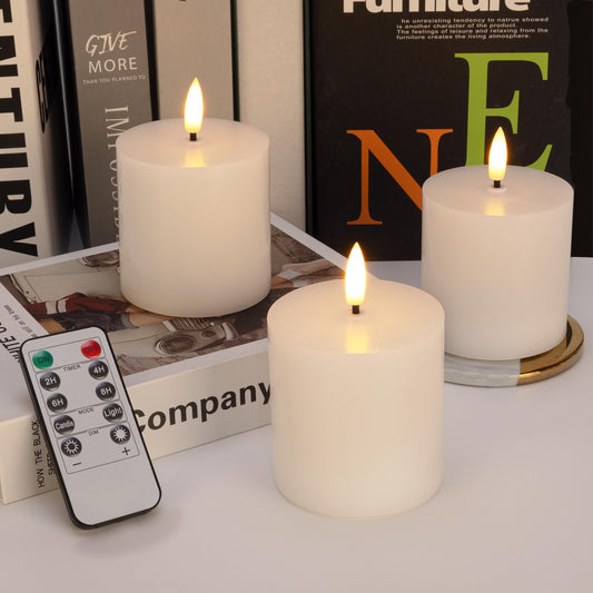 SEHNSY White Flameless Candles Set of 3 (3"x3") Battery Operated LED Pillar Candles with Remote and Timer, Real Wax Flickering Candles for Fireplace Bedroom Living Room Home Decor and Indoor Use