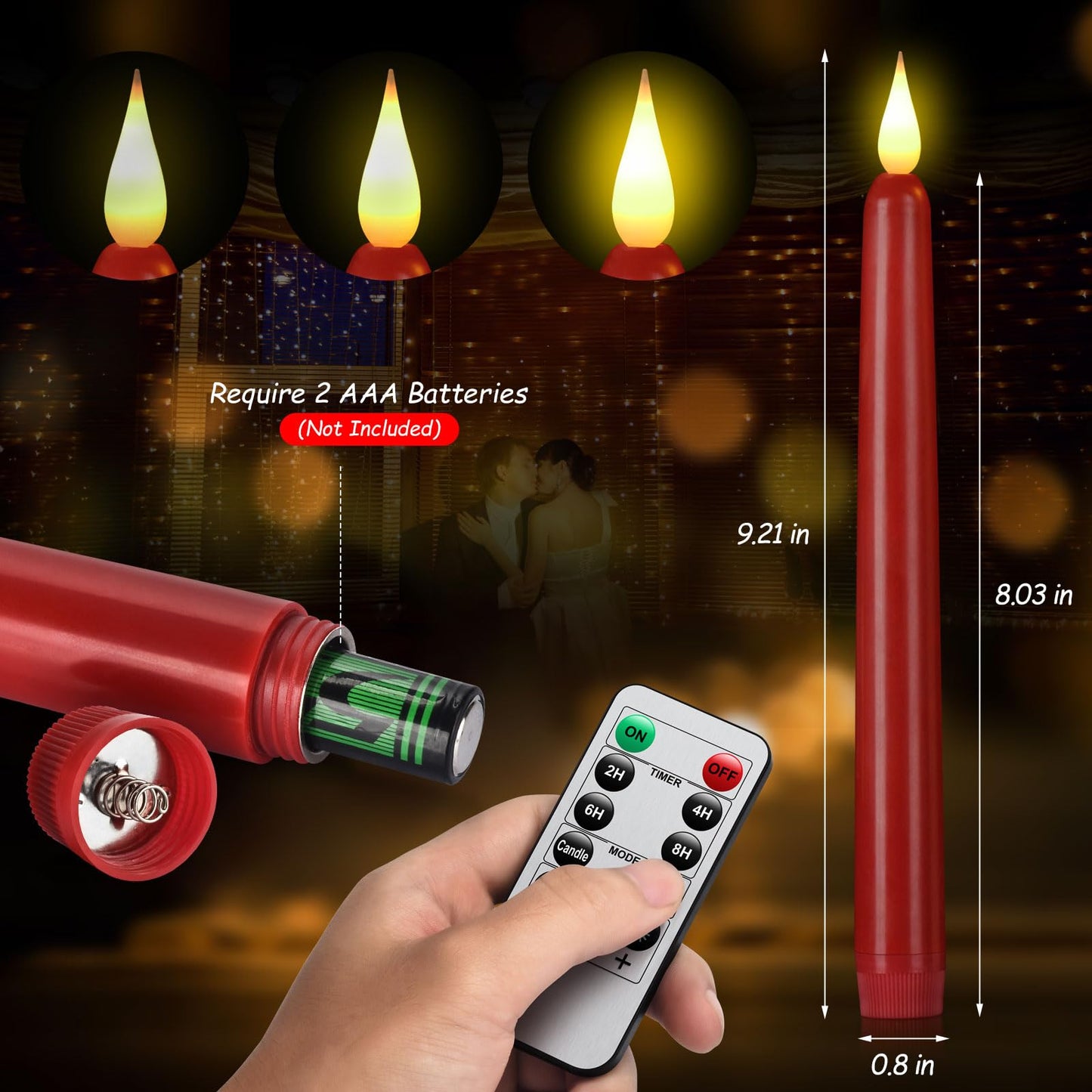 Flameless Taper Candles with Remote Control,3/6/9/12/15pack Plastic LED Candle, Flickering Battery Operated, 9.2'’Classic Tall Candle for Wedding, Party,Christmas,Home Decor (12PACK, Red)