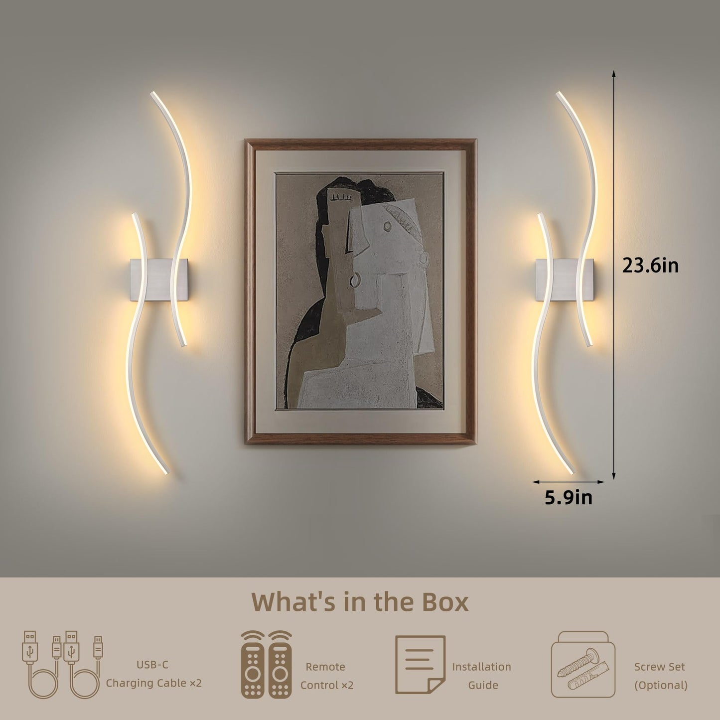 GLOTHOR Battery Operated Wall Sconce Set of 2, Dimmable Modern LED Rechargeable Wall Light with Remote Control, Wall Decor for Living Room, Hallway, Quick Install, No Electrician Required