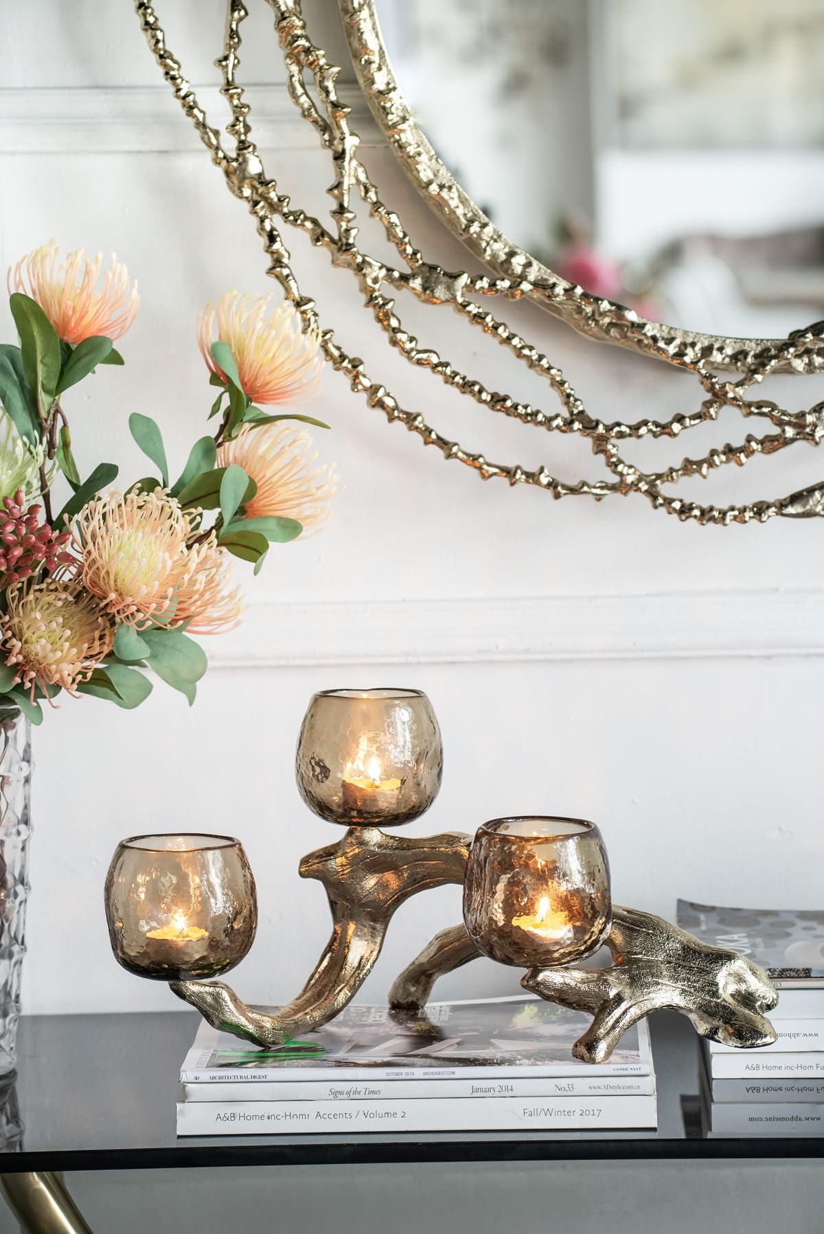 Modern Gold Multi Votive Candle Holder with Textured Glass Cups, Branch-Inspired Aluminum Candle Stand for Tabletop Dining Mantel Shelf Décor, 15.7 Inch