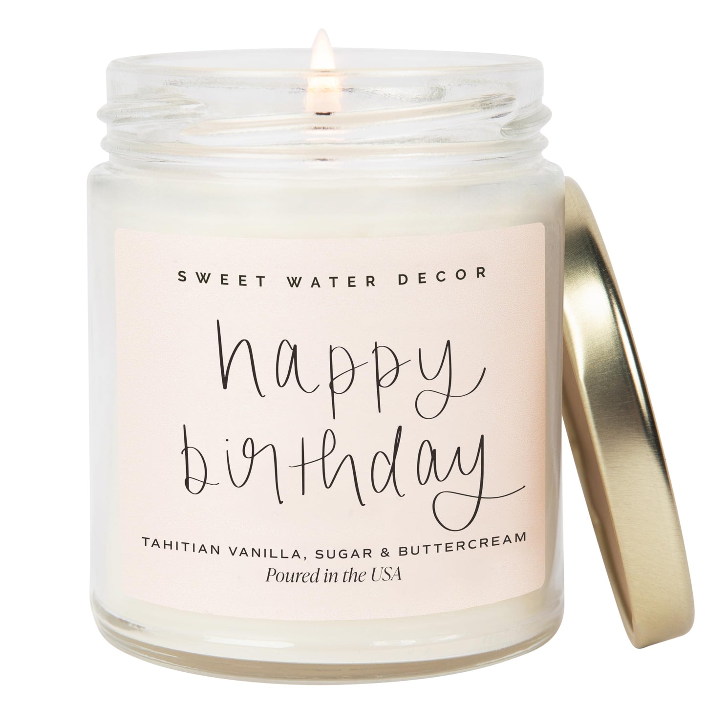 Sweet Water Decor Happy Birthday Soy Candle - Vanilla Sugar & Buttercream Sweet Scented Happy Birthday Candle Gift for Mom, Friends & Girls - 40 Hour Burn Time - 9oz - Non Toxic