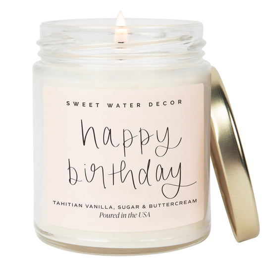 Sweet Water Decor Happy Birthday Soy Candle - Vanilla Sugar & Buttercream Sweet Scented Happy Birthday Candle Gift for Mom, Friends & Girls - 40 Hour Burn Time - 9oz - Non Toxic