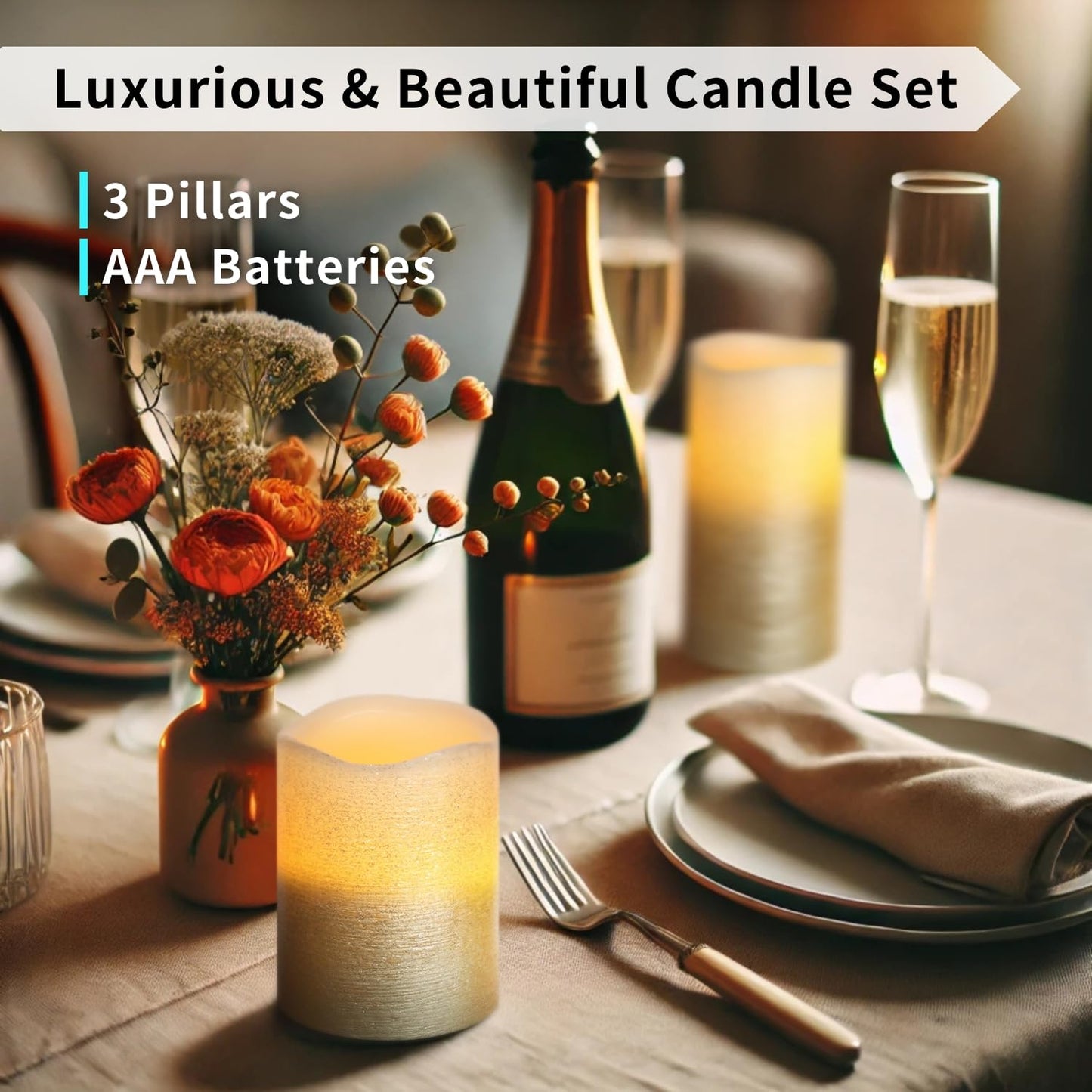 FURORA LIGHTING Gold Glitter Flameless Pillar Candles - Real Wax, 5/19 Auto Timer, Set of 3 (3x4, 3x5, 3x6), Batteries Included, Home Decor