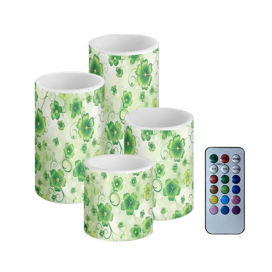 NETILGEN 4 Pcs Flameless Candles Battery Powered with Multicolor Lights Timer Remote Control LED Candles St Patrick's Day Green Leaf